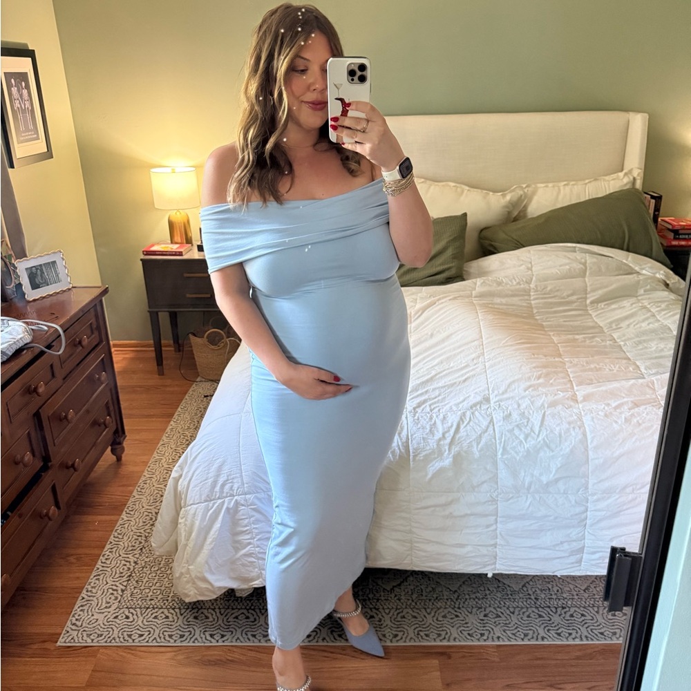Elegant Off-Shoulder Bumpsuit Blue Maternity Dress